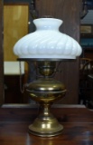 Vintage Brass Coated and Milk Glass Farmhouse Style Electric Table Lamp