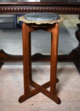 Vintage Craftsman Style Plant Stand with Green Marble & Brass Top