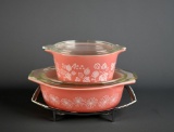 Nesting Set of Pink Pyrex Casserole Dishes with Trivet Frames