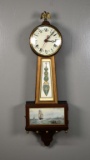 Antique Mahogany Banjo Clock with Reverse Painted Nautical Scene & Stencil, Quartz Movement