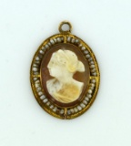 Antique 19th Century Gold, Seed Pearl and Carved Shell Cameo ¾” Pendant