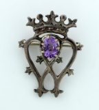 Vintage Sterling Silver Crown 1.75” Brooch Pin with 7x10 mm Amethyst Oval Faceted Stone