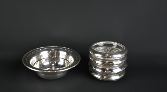 Wallace Sterling Silver 5.5” bowl and Four FB Rogers Sterling Silver Rimmed Glass Coasters