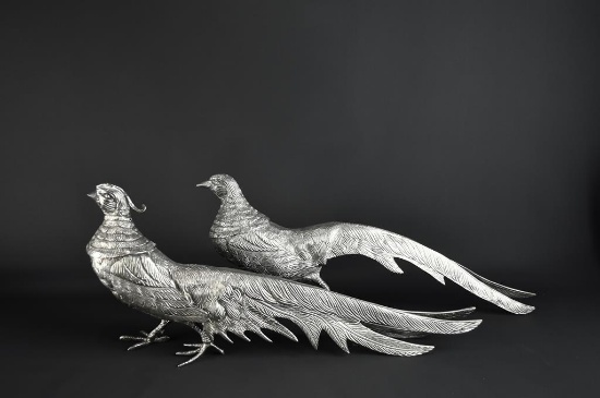 Pair of 22” Silver Plate Table Display Pheasants, Cock and Hen, Made in Italy