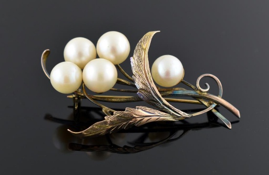 Estate 14K Green Gold and Pearl Brooch Pin