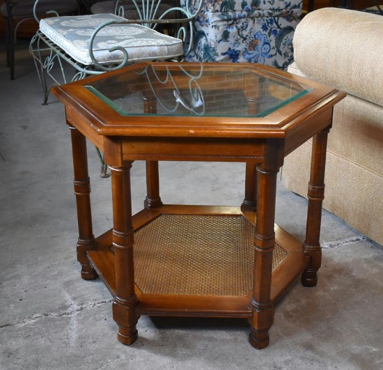 Hexagonal Shaped Cherry End Table with Glass Top and Rattan Shelf  (Lots 15 & 18 Match)