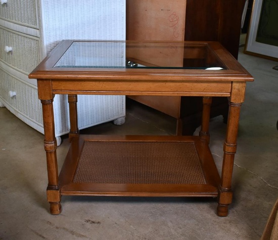 Rectangular Shaped Cherry End Table with Glass Top and Rattan Shelf (Lots 15 & 18 Match)