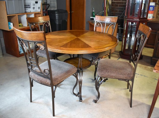 Set of Four Ashley Furniture Oak & Black Metal Upholstered Dining Chairs (Lots 21 & 22 Match)