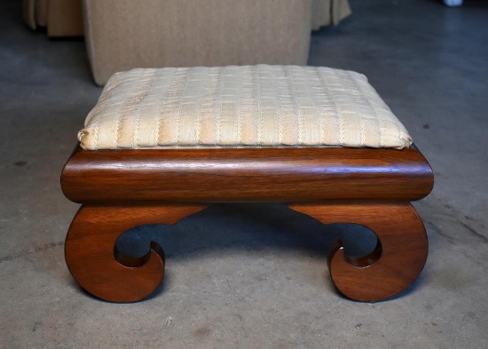 Vintage Small Walnut Footstool with Scrolling Feet and Upholstered Top