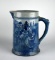 Salt-Glazed Blue/White Embossed Scene Stoneware Pitcher