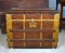 Antique Wooden Steamer Trunk with Metal Strapping on Caster Feet