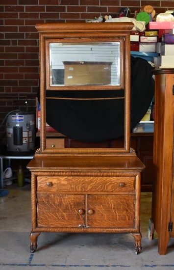 Ca. 1900 Paw Footed Tiger Oak Wash Stand with Beveled Mirror