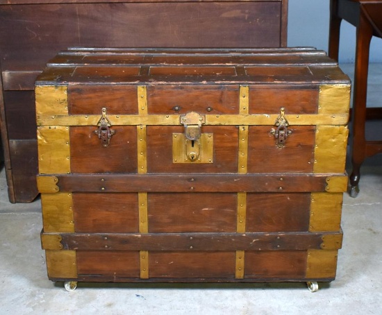 Antique Wooden Steamer Trunk with Metal Strapping on Caster Feet