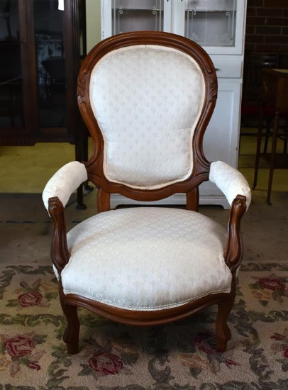 19th C. Victorian Balloon Back Walnut White Upholstered Arm Chair