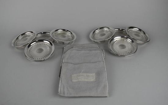 Set of 8 Georg Jensen Sterling Silver & Glass Mid-Century Modern Coasters w/ Marked Storage Clothes
