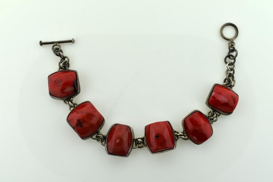 Vintage Sterling Silver and Red Coral Link Bracelet, 8” L