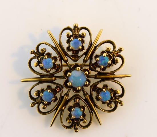 Vintage 14K Gold and Genuine Opal Pendant Brooch, 1”