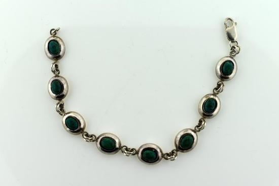 Vintage Sterling Silver and Azurite Malachite Cabochon Link Bracelet, 7.75” L