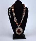 Large 2.5” Pendant Silver, Amber and Ebony Bead Necklace, 40” L