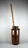 Slender Old Southern Albany Slip Glazed 15” Churn with Old Wooden Dasher