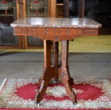 19th C. Eastlake Marble Top Walnut Parlor Table on Casters