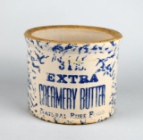 Blue/White Spongeware Butter Crock “Extra Creamery Butter, Natural Pure Food”