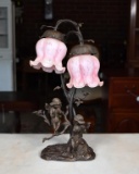 Figural Fairies & Blossoms Electric Lamp, Glass Shades, Bronze Finish Metal