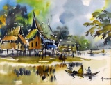 Amnug (Thai, XX) Village on Water, Watercolor, Signed Lower Right