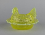 Vintage Mosser Opalescent Edged Vaseline / Uranium Glass Hen on Nest Lidded Candy Dish