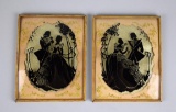 Pair of 1940s Reverse Painted Courting Scene Silhouettes on Bubble Glass