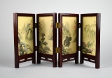 Miniature Asian Wooden Screen, Woodblock Prints on Silk