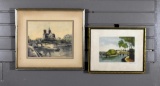 Pair of Hand Tinted 20th C. Etchings of Parisian Scenes by Clere and Herbelot