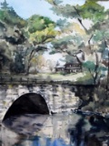 Unsigned (XX) Stream and Bridge, Watercolor, Gilded Wood Frame