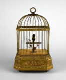 Early 20th C. Helvetic Singing Bird Wind-Up Automaton Music Box, Octagonal Shaped Brass Cage