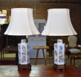 Pair of Floral Decorated Asian Style Ceramic Table Lamps