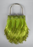 Vibrant Lime Green Beaded Frame Handbag with Fringe
