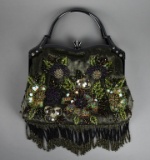 Iridescent Green Hand Beaded Frame Handbag with Fringe & Optional Shoulder Length Chain