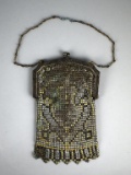 Antique Metal Mesh Frame Handbag with Geometric Design & Fringe