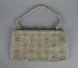 White Hand Beaded Frame Handbag with Scallop Design & Beaded Hand Strap