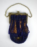 Antique Dark Blue Beaded Frame Handbag with Fringe