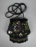 Lancome Black Beaded Frame Handbag with Fringe & Optional Shoulder Length Cord