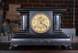 Old Ebonized Wood Mantle Clock with Lion Head Ornaments/Badges