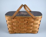 Vintage Basketville Two-Handled Splint Basket with Tole Painted Lid, Vermont