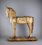 Primitive Style 25” H Carved-Wood Decorative Horse Figure on Base, Made in India