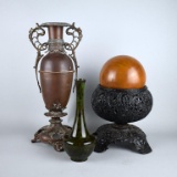 Lot of Four Decorative Items: Metal Vases & Wooden Sphere