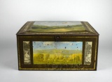 Antique Square Tin Litho Box with Hinged Lid & Americana Scenes Motif