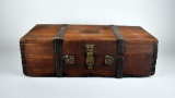 Antique Handmade Wooden Box with Hinged Lid & Iron Straps