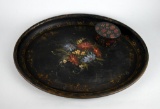 Lot of Two Tole Decorated Items: Antique Hand Painted Metal Serving Tray & Primitive Blooms Box