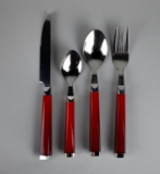 Set of 64 Pieces of Red Handle Stainless Flatware