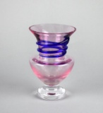 Kosta Boda Cranberry/Pink Glass Vase with Applied Blue Ribbon/Snake, Signed Monica Backstrom